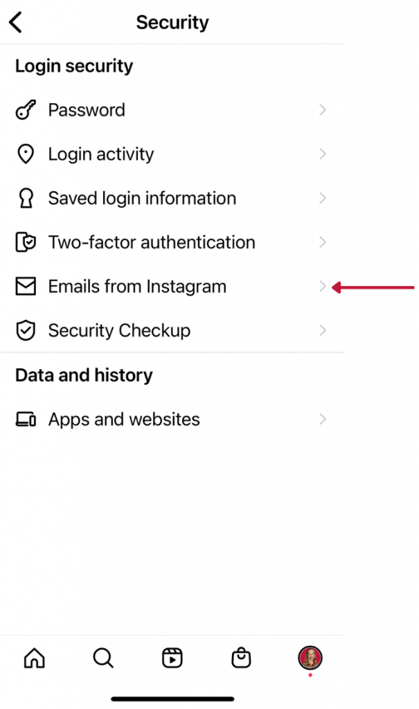 Screenshot of the Instagram security menu