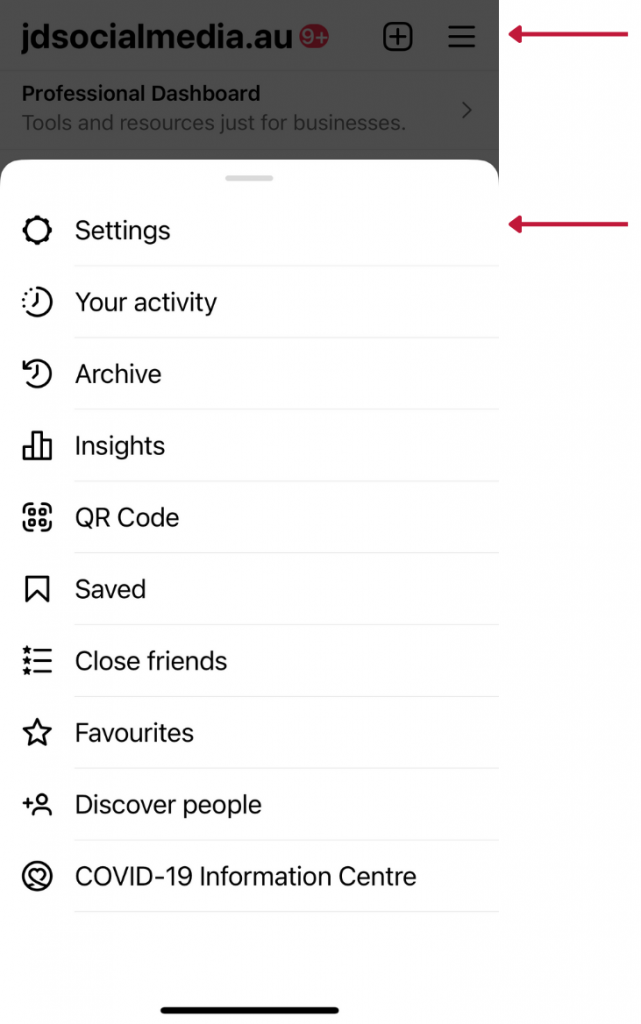 Screenshot of the Instagram hamburger menu