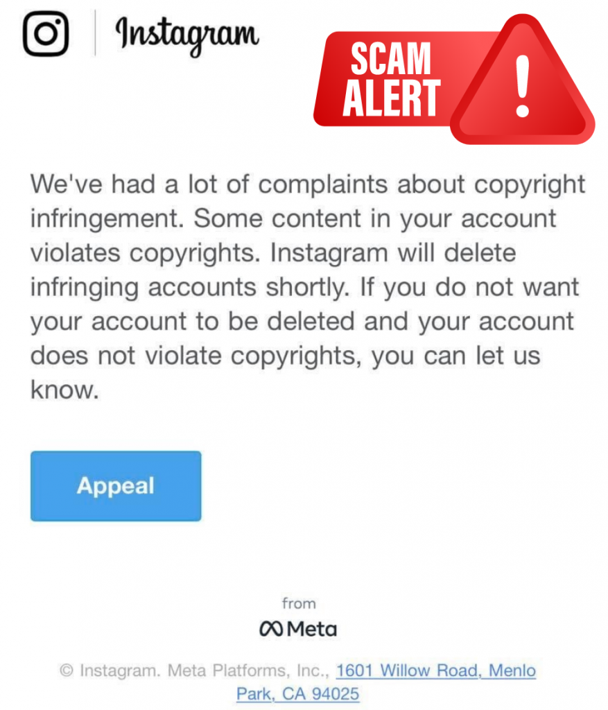 Screenshot of an email for an Instagram scam that appears to be a copyright violation message