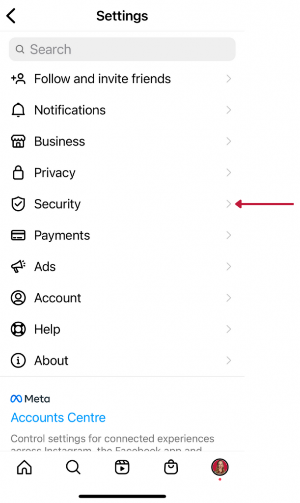 Screenshot of the Instagram Settings menu