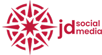 JD Social Media logo. A stylised, red compass with 8 points and an 8 point star in the centre with a circle at the boundary with text to the right that reads 'jd' in large letters and social media in smaller, letters with the word 'social' above 'media'.